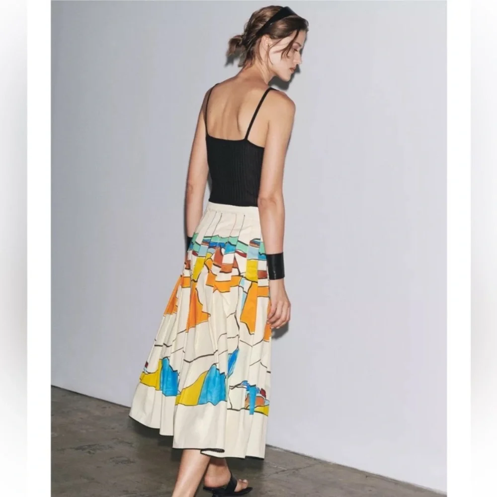 ZARA Printed Pleated Midi Skirt Colorful Abstract Painting Medium, NWOT - Picture 6 of 12